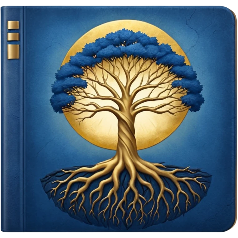deep blue-to-golden sunrise book with textured aged cover, tree with deep roots, radiating strength and hope emoji