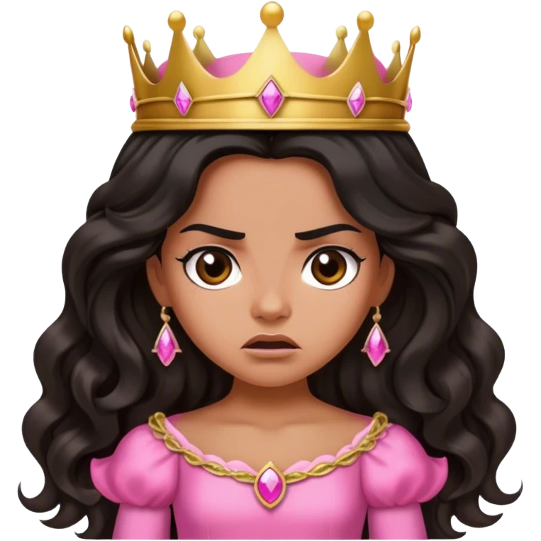 Very tanned princess, with long black wavy hair and a crown, a pink princess Outfit But angry emoji