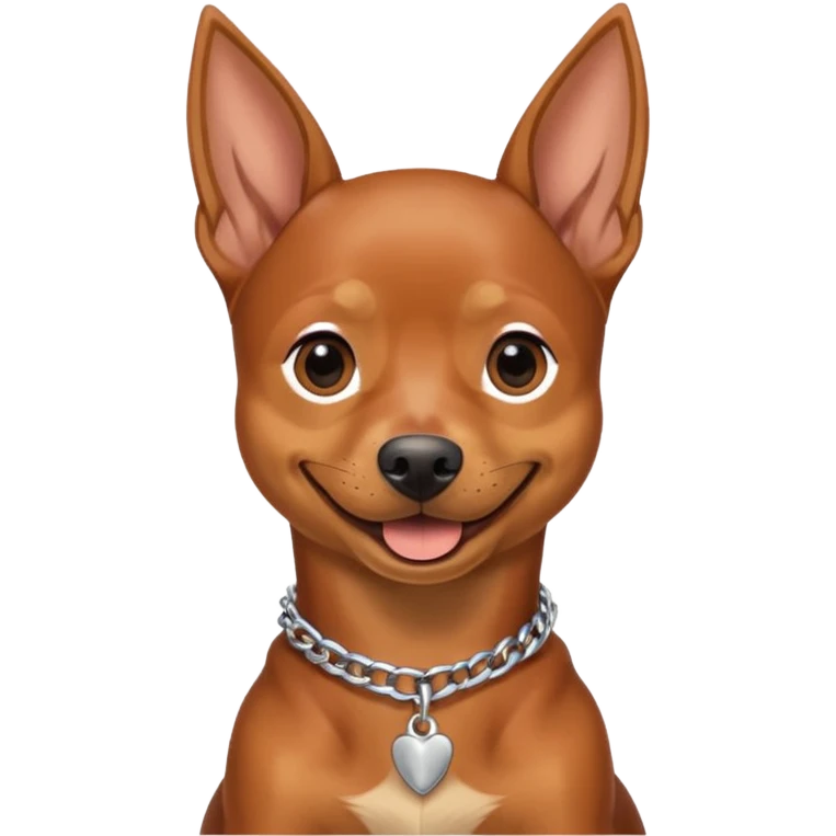 a pinscher dog sitting and smiling with a silver chain in the neck emoji