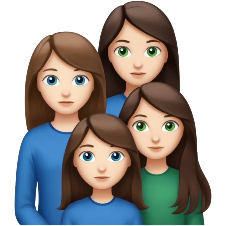 Three people total: Two girls brunette one with straight long hair and blue eyes one with curled hair middle length and green eyes and the other a boy lighter brown with blue eyes  emoji