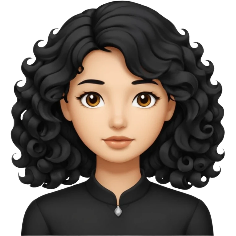 This avatar has shoulder-length black hair styled in large, wavy curls that frame the face, giving a soft and natural look. emoji