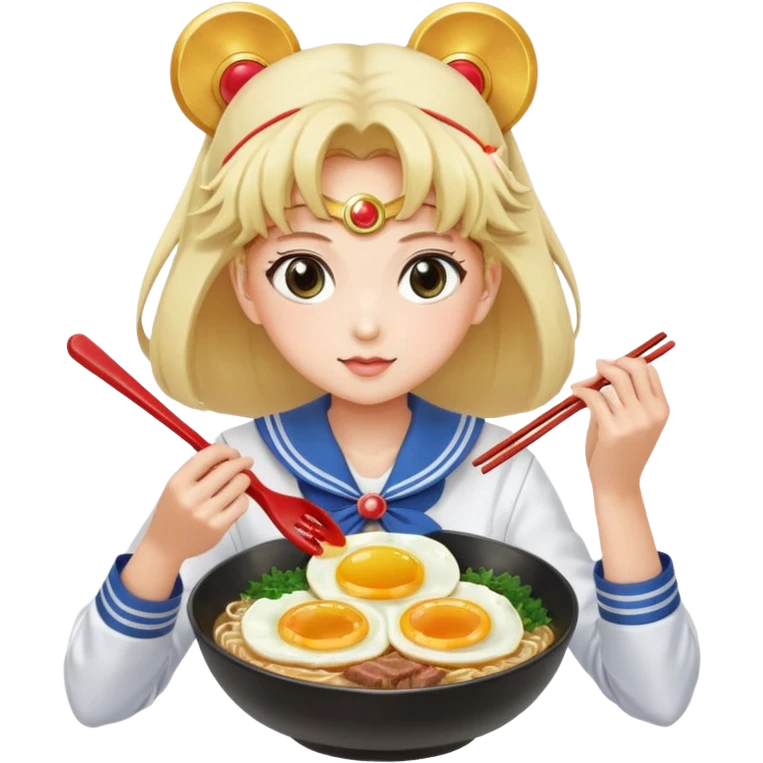 Sailor moon preparing beef ramen with chives and fried egg emoji