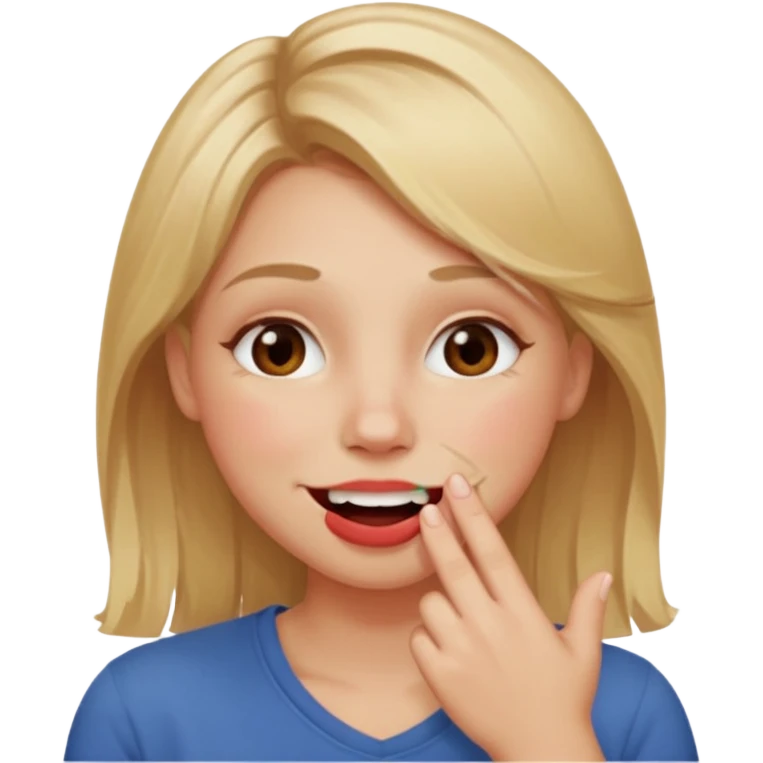 Hand over mouth with blushed cheeks more redness on cheek and smiling  more more redness  dirty blonde hair  emoji