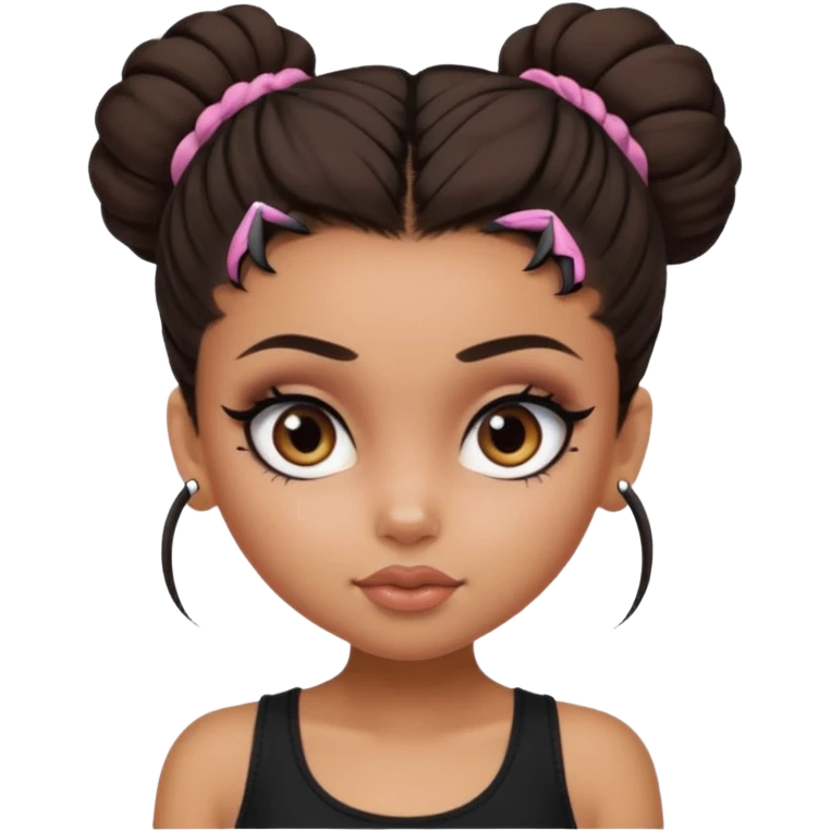 generate a pretty bratz girl in black cami top, dark brown messy bun, eyeliner on. dark brown eyes emoji