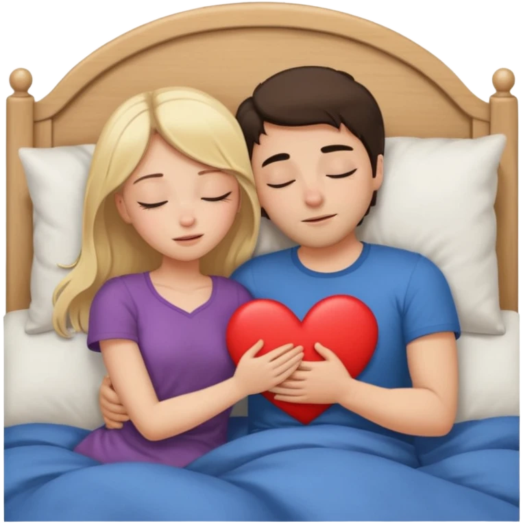 cuddling in bed, asleep. blonde girl. brunette man. eyes closed. heart between them. no headboard emoji