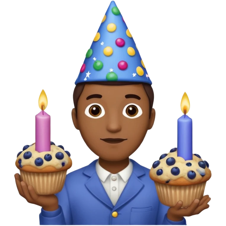 Blueberry Muffin celebrating birthday. Make sure it actually looks like a muffin with candles. Somebody holding it with party hat. Make it a man  emoji