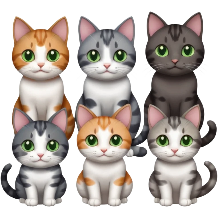 6 different coloured small cats including a dark grey and white, and a patchy calico, and a brown tabby and white,  and a completely solid dark grey with green eyes and only white paws emoji
