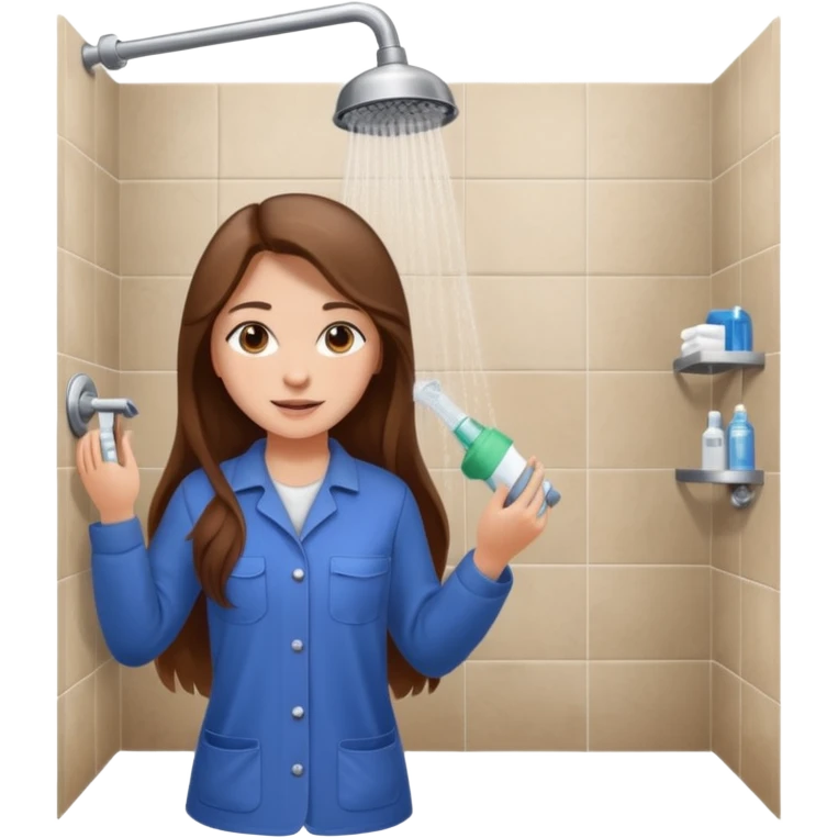 beautiful girl with long brown hair constructing new bathroom area with new shower and amenities  emoji