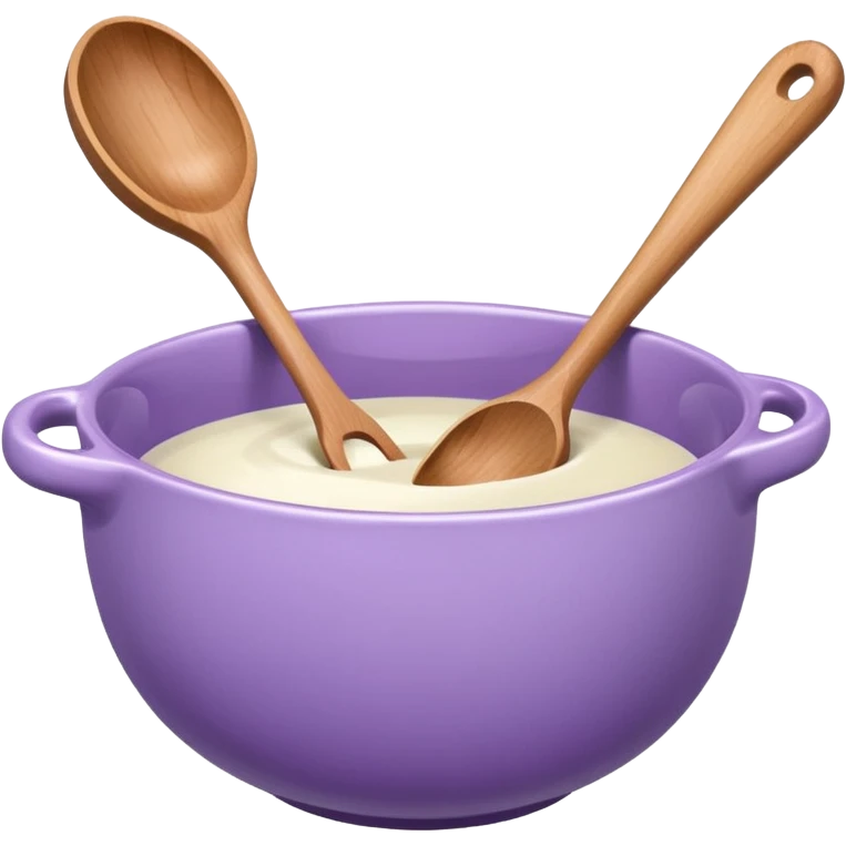 a lilac ceramic mixing bowl with a wooden spoon stirring emoji