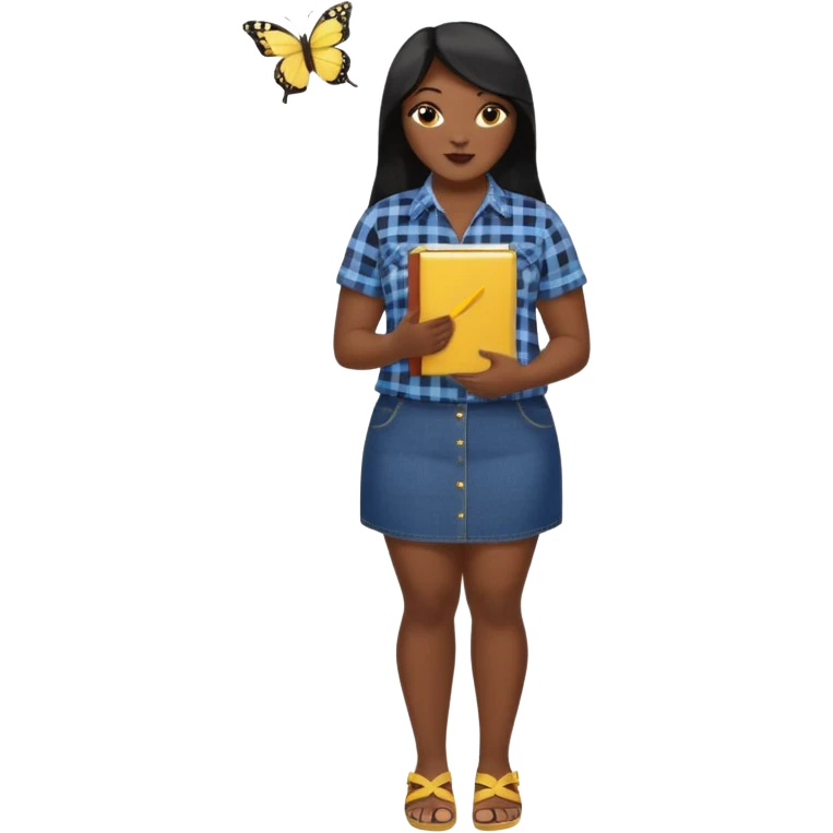 A plus-size Black woman is wearing makeup. She has long, straight black hair and is wearing a short-sleeved flannel shirt with a yellow butterfly print, a denim miniskirt, and sandals. She is standing and holding a book in one hand while extending her forearm upward with the other. emoji