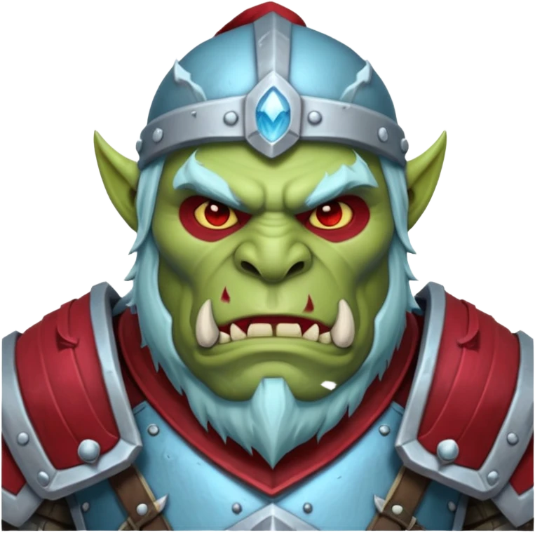 
Fantasy Christmas orc legion soldier icon, iron tundra army theme, heavy winter armor, disciplined brutal look, icy blue steel armor with deep crimson accents, frozen metal texture, cold winter atmosphere, male variant emoji