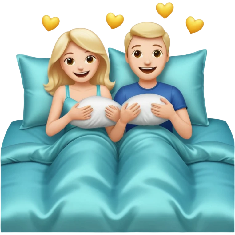 emoji-style couple laughing and tossing pillows on a shiny silk-sheeted bed, cheerful expressions emoji