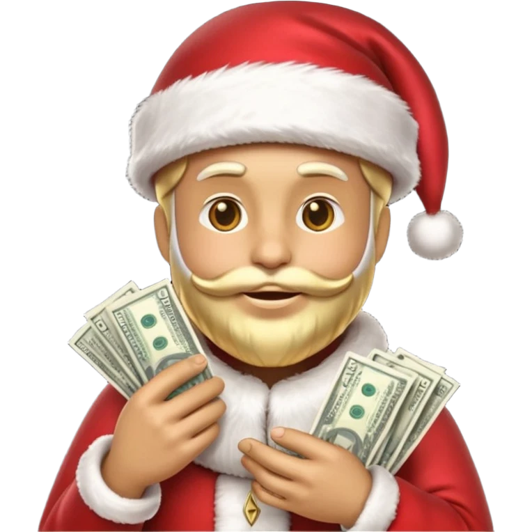 A confident rich emoji face wearing a Santa hat, money stacks, casino vibe, New Year theme, premium 3D emoji style, sharp details, no text, isolated on transparent background emoji