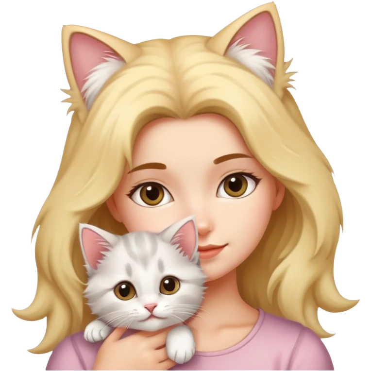 There's a fluffy kitten on a girl's head, its tail wagging gently. emoji