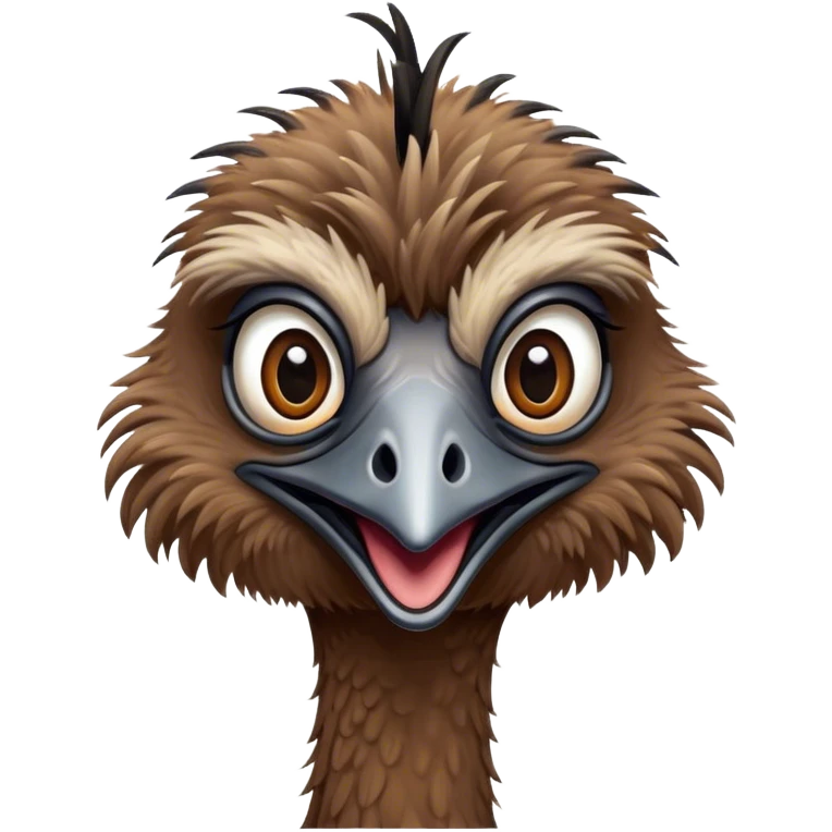 Cinematic Comical Emu Portrait Emoji, Head tilted dramatically with an exaggeratedly amused expression, featuring a striking, textured brown plumage with a comically small head and wide, expressive eyes full of playful disbelief, Simplified yet hilariously expressive features, highly detailed, glowing with a slightly sassy glow, high shine, dramatic yet playful, stylized with an air of cheeky outback mischief, bright and endearing, soft glowing outline, capturing the essence of a spirited and over‐the‐top emu, so meme‐worthy it feels like it could squawk its way into internet fame instantly! emoji