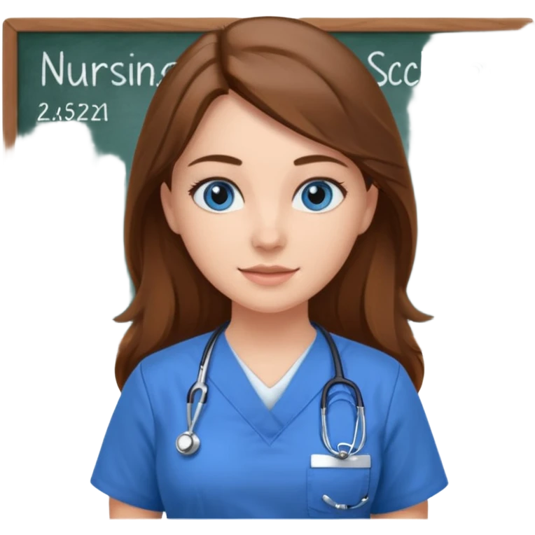 inside a classroom at university that says nursing school on the board with a pretty female nursing student with long brown hair, blue eyes emoji