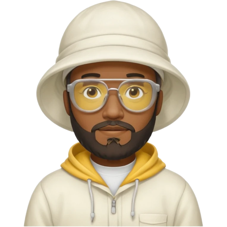 black male bee keeper with beard, white hat and yellow glasses, white outfit, white hood emoji
