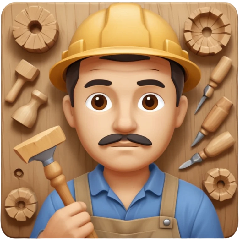 wood carving carpenter portrait, head and shoulders only, carving wooden figure with chisel, wood shavings visible, focused craftsman expression, artisan workshop vibe, 3D cartoon style, mobile game icon style, clean background, no text, no watermark
 emoji