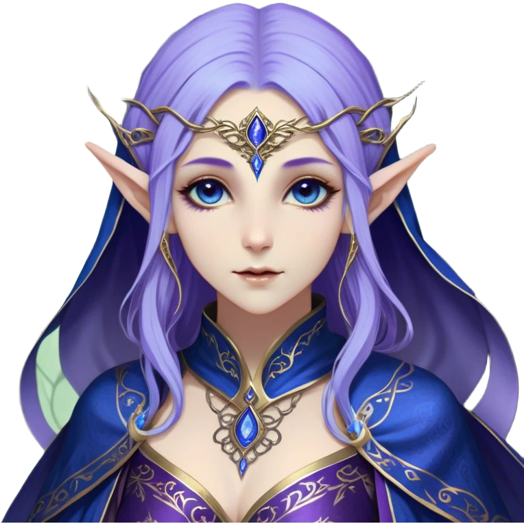 Cinematic Realistic WoW Elf Mage Portrait, depicted with ethereal, otherworldly beauty and refined arcane mastery. Clad in an intricately detailed robe in consistent deep blues and purples accented with shimmering gold filigree, her luminous, porcelain-like skin and delicate features evoke timeless elegance. Her piercing, mystical eyes radiate ancient wisdom, rendered with lifelike texture and subtle, magical lighting, high shine, noble and majestic, capturing the essence of a legendary elven sorceress. emoji