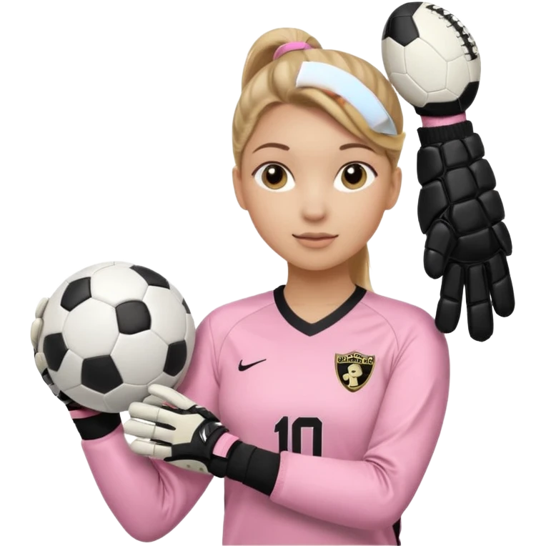 Make a dirty blonde football goalkeeper with goalkeeper gloves on holding a regular  The girl is light skinned and wearing a light pink football. Wearing a ponytail on back of head. Make it without the whole body. With full sleeves. WITHOUT A RUGBY BALL JUST REGULAR BLACK AND WHITE BALL. emoji