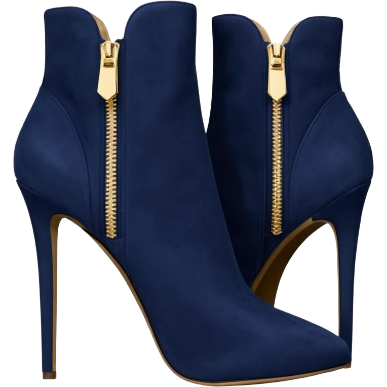 Hyper Realistic, Michael Kors navy blue suede, both pairs of stiletto ankle bootie boots, detailed gold zipper emoji