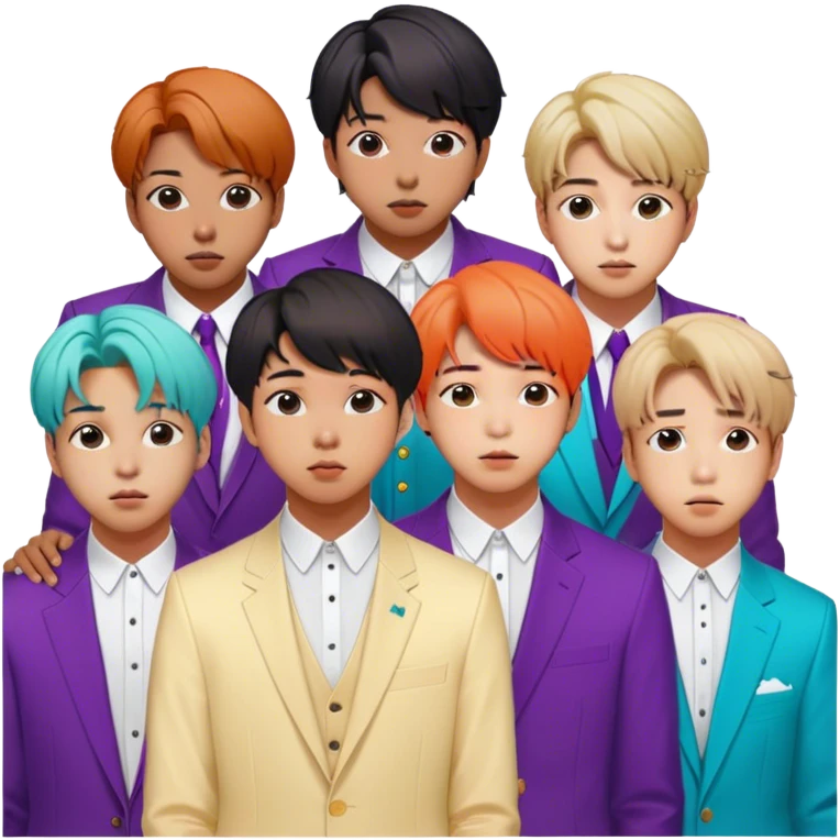Cinematic Realistic group portrait of BTS featuring all 7 members in stylish modern attire, with detailed facial expressions and vibrant colors, captured in dynamic, contemporary lighting that emphasizes their global pop icon status emoji