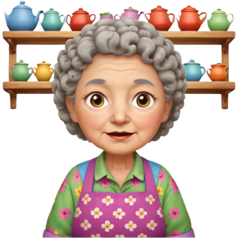 cartoon Apple iOS emoji style rural elderly woman, chubby face, short gray curly hair, flowery blouse, colorful apron, big expressive eyes, pastel colors, Chilean wooden kitchen background, clay pots, warm light, detailed and clean vector art emoji