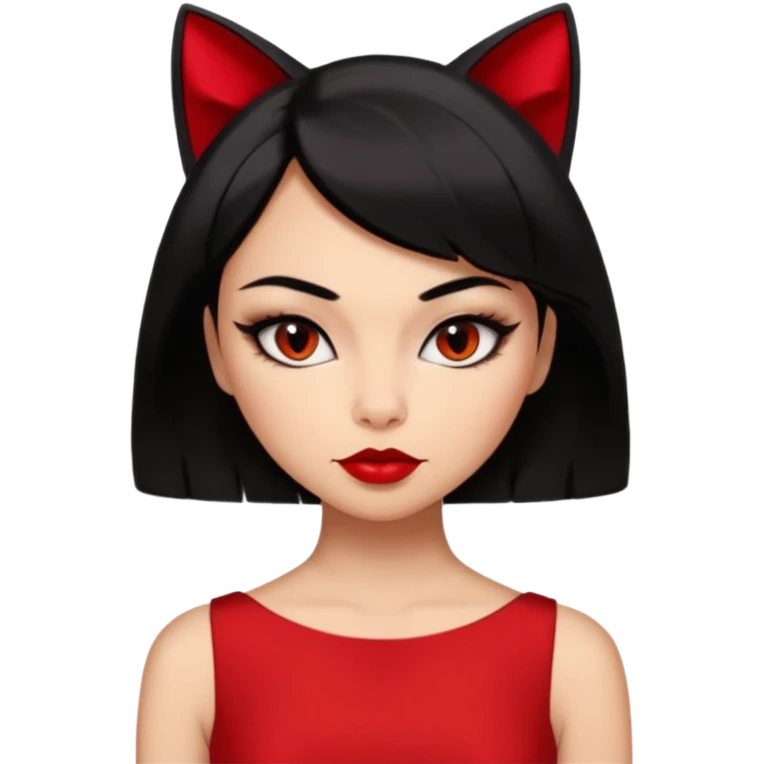 Chica Otaku con delineado gatita con vestido rojo y pelo semi corto negro súper sexy emoji