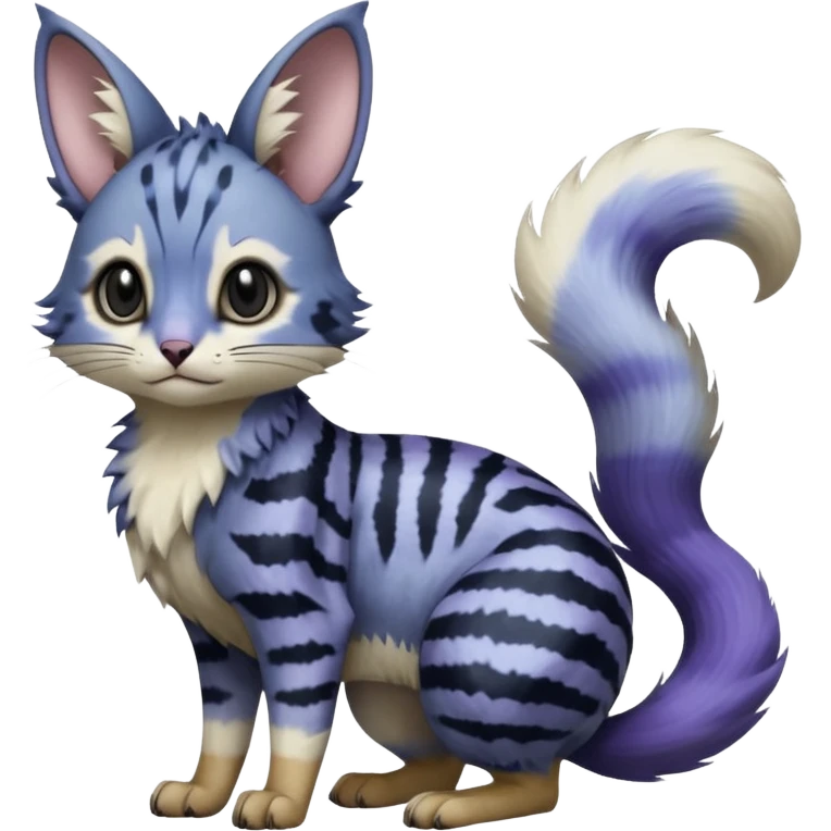  Realistic dull gloomy-dark-deep-grayish-indigo-violet-gradients fur with random markings beautiful elegant pretty precious cute  Fakémon-Pokémon-opossum-feline-serval-caracal-chinchilla-Minccino-hybrid-creature with a big fluffy bushy striped tail (full body) emoji