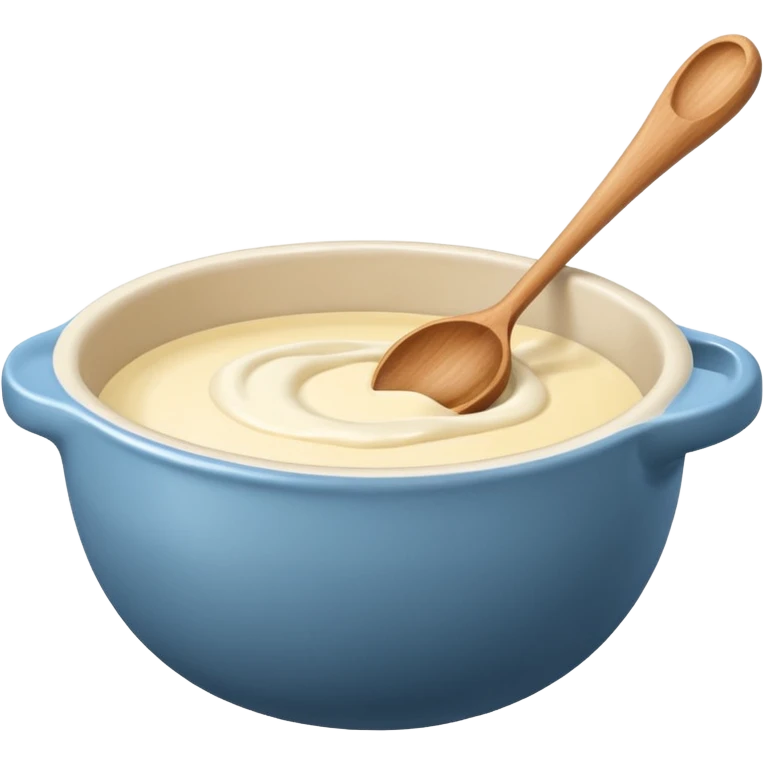 a cream ceramic mixing bowl with a wooden spoon stirring emoji
