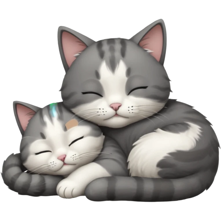 dark grey and white small cat with closed eyes, leaning his head on his paw while leaning on his elbow lying down emoji