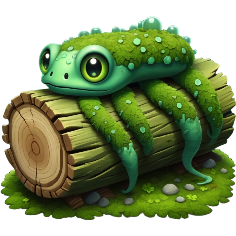 A serpentine creature with a segmented body resembling moss-covered logs, many eyes, featuring bioluminescent fungi growing along its spine that pulse hypnotically when it hunts at night.

 emoji