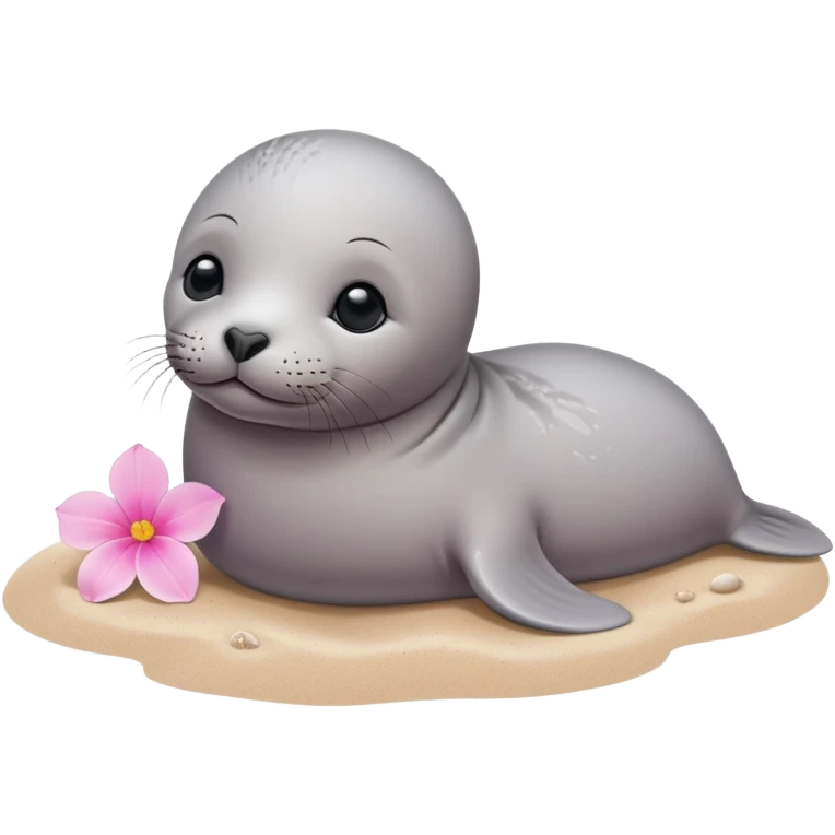 A small, slim baby seal resting gracefully on a sandy beach, with a delicate pink flower placed on its head.  Grey color emoji