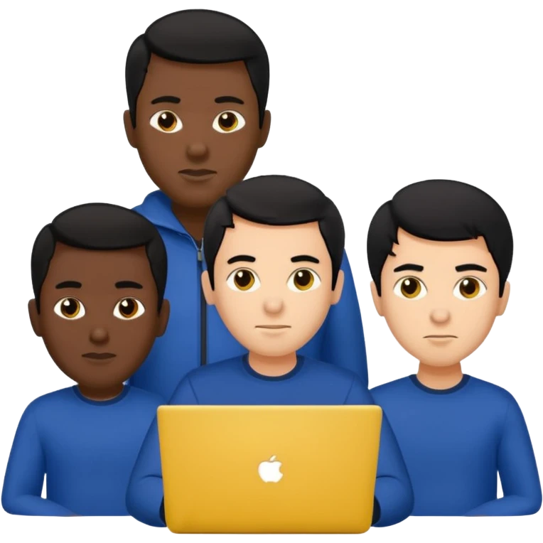 technologist using laptop coding with 2 other technologist color yellow three of it is man  that using 3 laptop the hair is black and the cloth is dark blue emoji