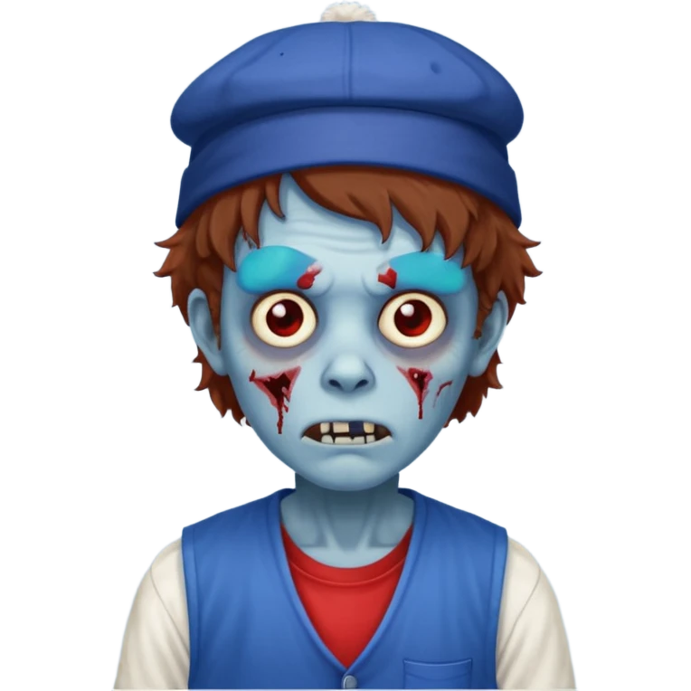 brown fluffy hair zombie with blue and white hat dark blue jilet red t shirt emoji