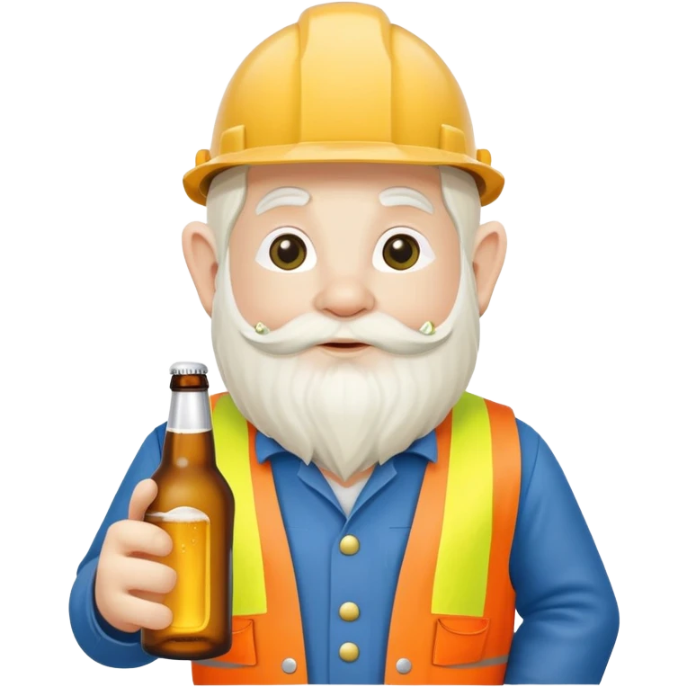Garden gnome wearing construction clothes holding a bottle of beer emoji
