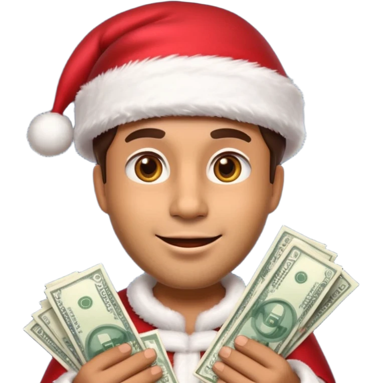 A confident rich emoji face wearing a Santa hat, money stacks, casino vibe, New Year theme, premium 3D emoji style, sharp details, no text, isolated on transparent background emoji