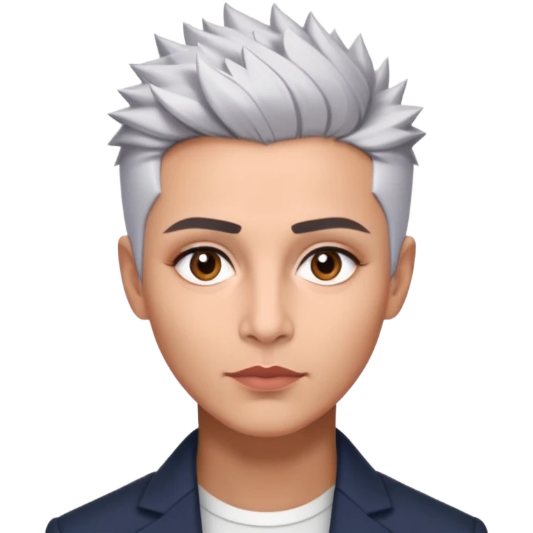 Marian Pabón with elegant facial features, light rosy complexion, expressive made-up eyes, medium well-defined lips, sophisticated pronounced cheekbones, short spiky silver hair styled like a men's cut emoji