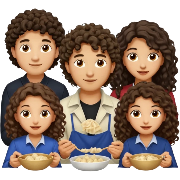 Can you create an emoji of three 23 year olds eating dumplings. One boy with wavy curly hair one Jewish girl with long dark brown curly hair and one half Indian / half white girl with mid length dark brown hair. All brown eyes emoji