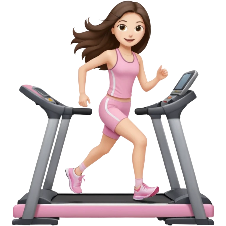 happy long haired brunette girl hazel eyes in light pink walking on treadmill  emoji