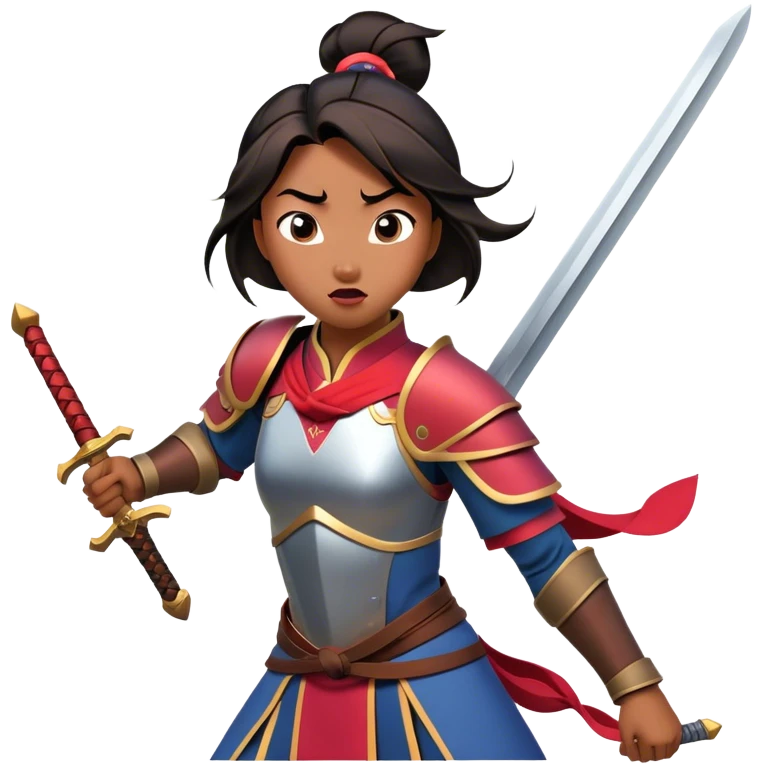 Cinematic Funny Mulan Portrait Emoji, Wearing her training armor too big, looking surprised as a sword nearly topples her over, a mix of warrior determination and hilarious inexperience, a comical yet endearing moment in her transformation! emoji