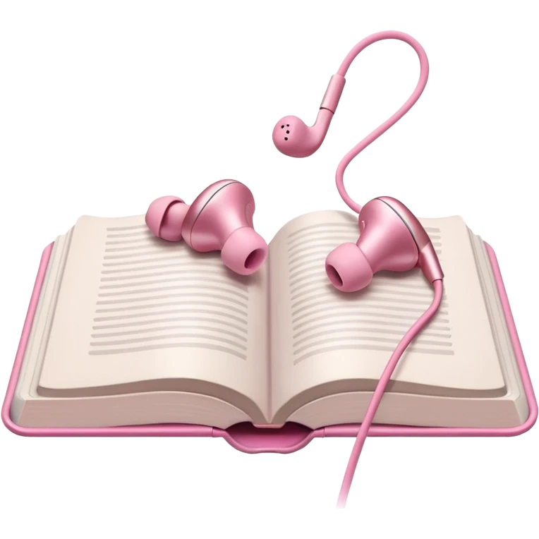  pink Pink Apple-style earbuds lying on an open book, soft pastel tones, cozy and minimal aesthetic, realistic lighting and shadows, top-down view, transparent background" emoji