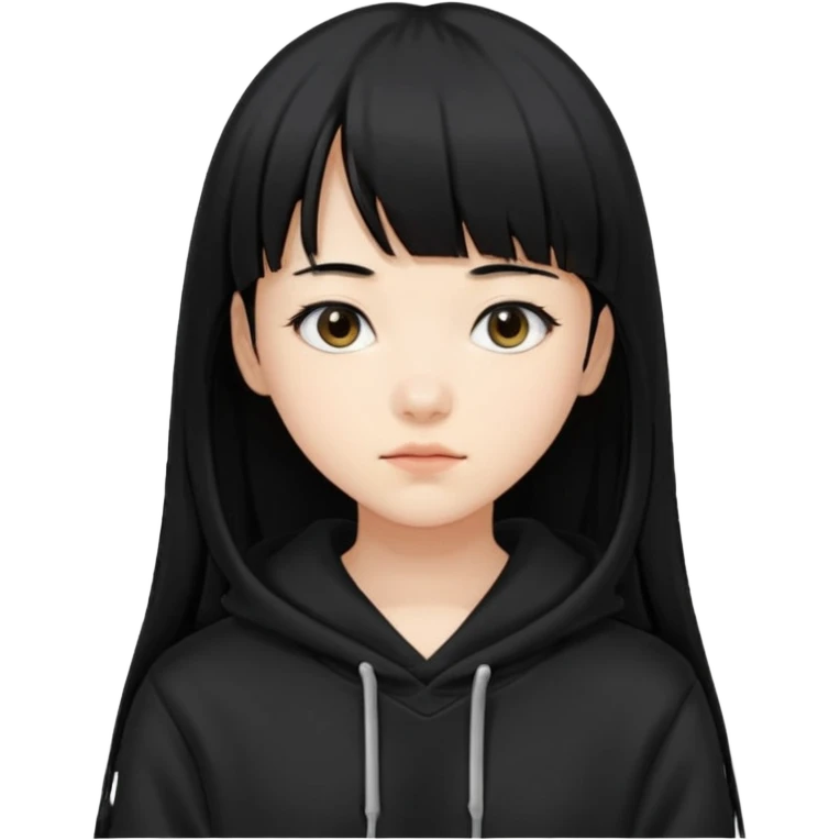 후드티 입은 초딩여자 아이.후드 안 씀. 검은색 후드티와 검은 머리. 머리는 긴 셍머리. 앞머리 있음 emoji