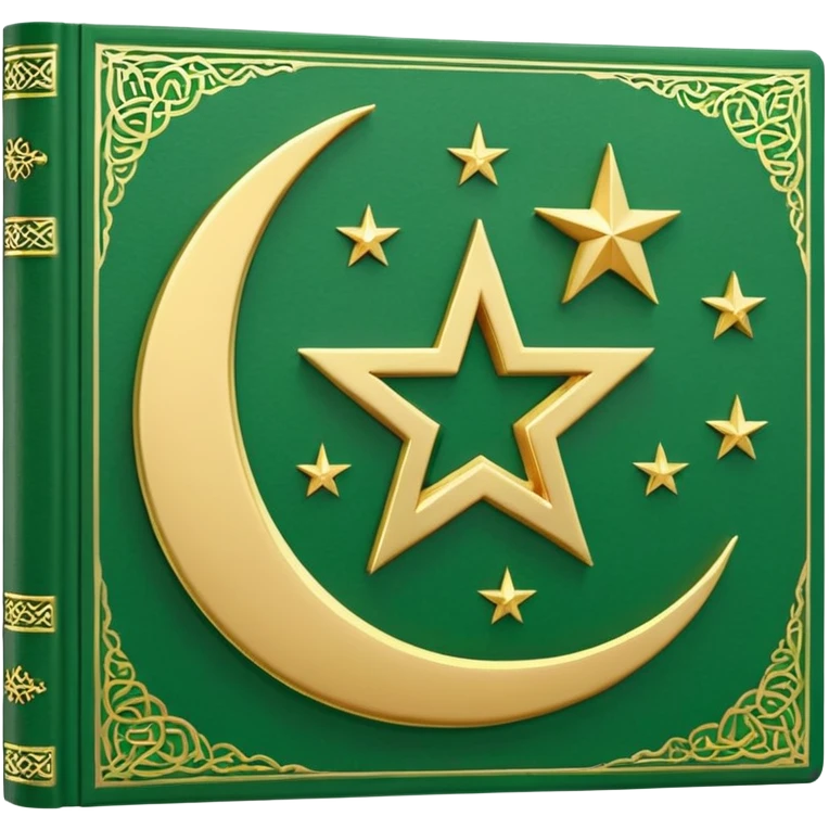 Closed Quran with the Islamic Symbol on it (moon and star) green from left to right emoji