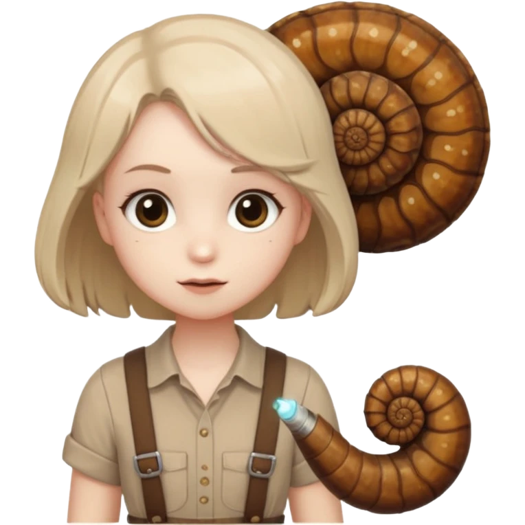 Shelly has a small, chibi-style body with a large ammonite-shaped head that looks like a beige fossil shell. One side of her head has a dark opening, making it clear she isn’t human. Her face is simple and soft, with big round eyes. She wears a brown suspender outfit over a lighter shirt emoji