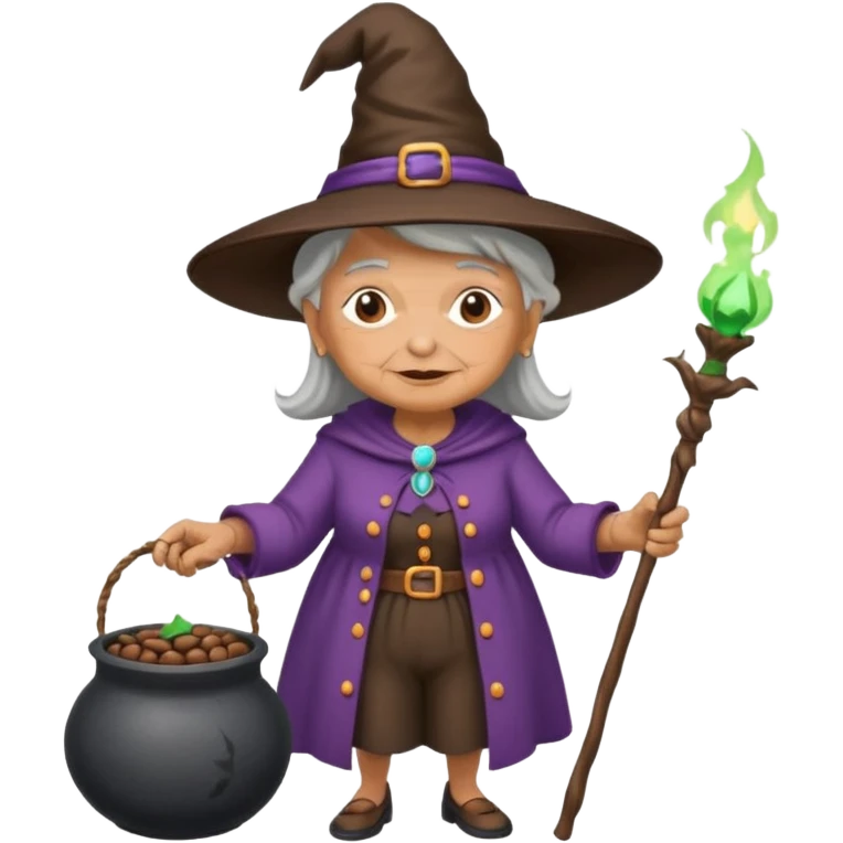 A grandma walking with a magic wand and a cauldron while holding a can of beans emoji