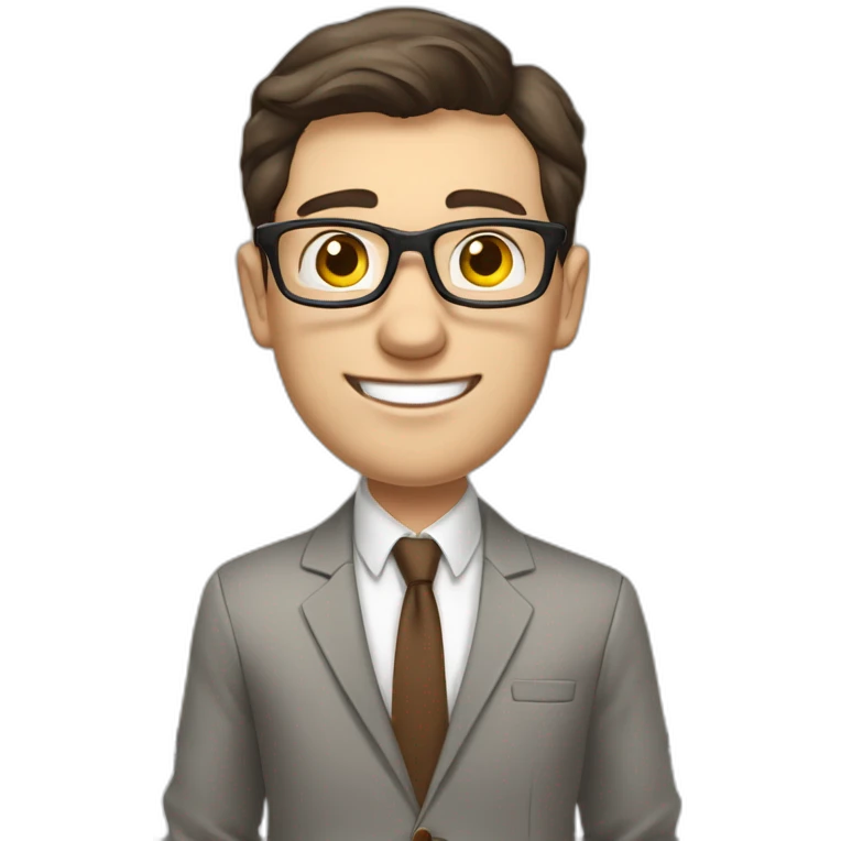 Pale skinned fit man with dark brown hair in gray jacket, beige office shirt, brown tie, brown pants and vintage glasses Writing text on the flipchart emoji