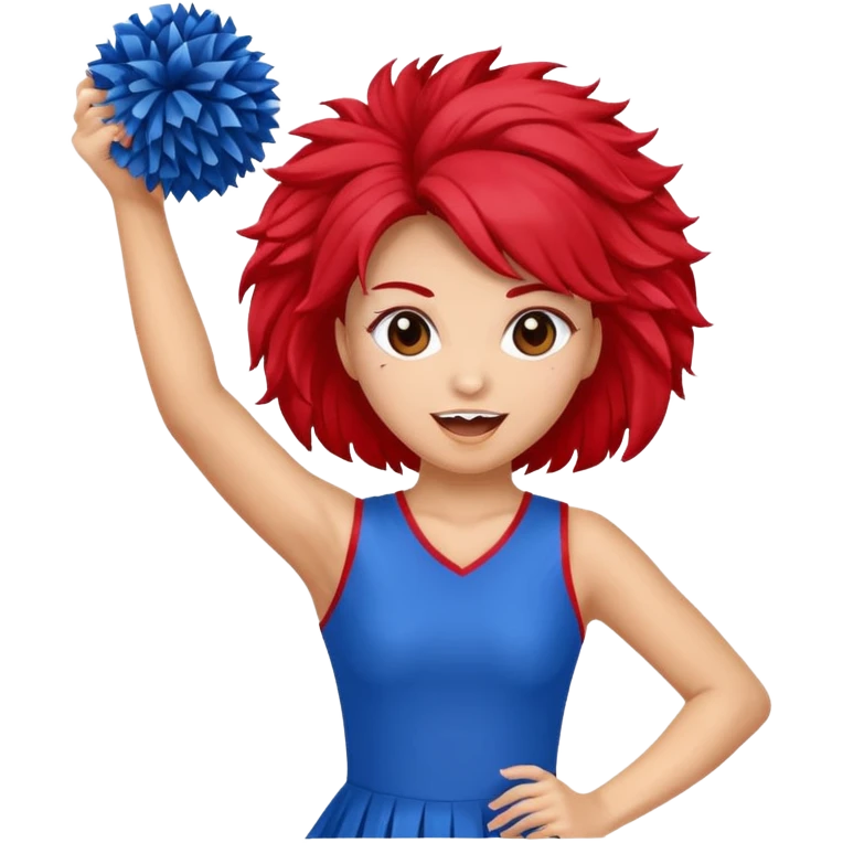 football cheerleader, holding a cheering pom, blue dress and red skin emoji