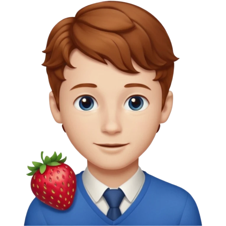 Please generate a portrait of a boy. He has light brown to reddish-brown wavy hair, a right side parting, longer sideburns, blue eyes, a snub nose, and a somewhat pronounced, strawberry-red pout. He is smiling. emoji