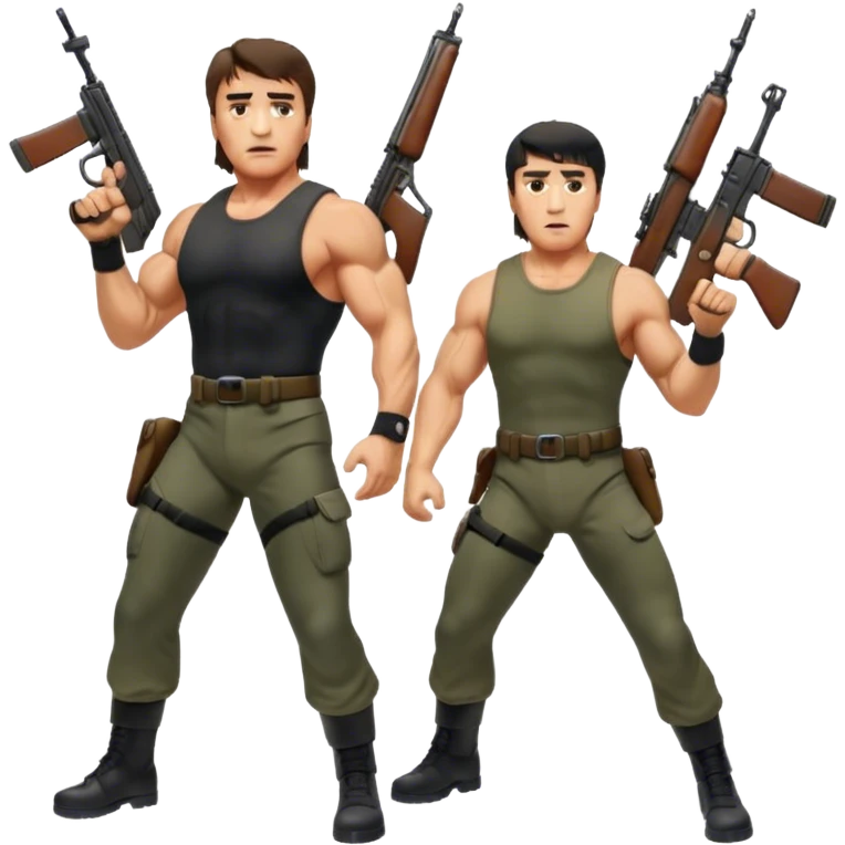 Icon for Action Movies: Arnold Schwarzenegger as John Matrix in Commando and Sylvester Stallone as John Rambo in Rambo, both in iconic action poses with weapons, intense expressions, and explosive backgrounds. Powerful and dynamic with dramatic lighting. Transparent background. emoji